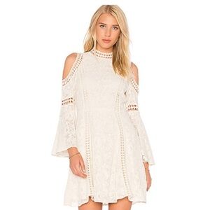 ALICE + OLIVIA - COLD SHOULDER CROCHET EMBROIDERED CHIFFON MINI DRESS - SIZE 4